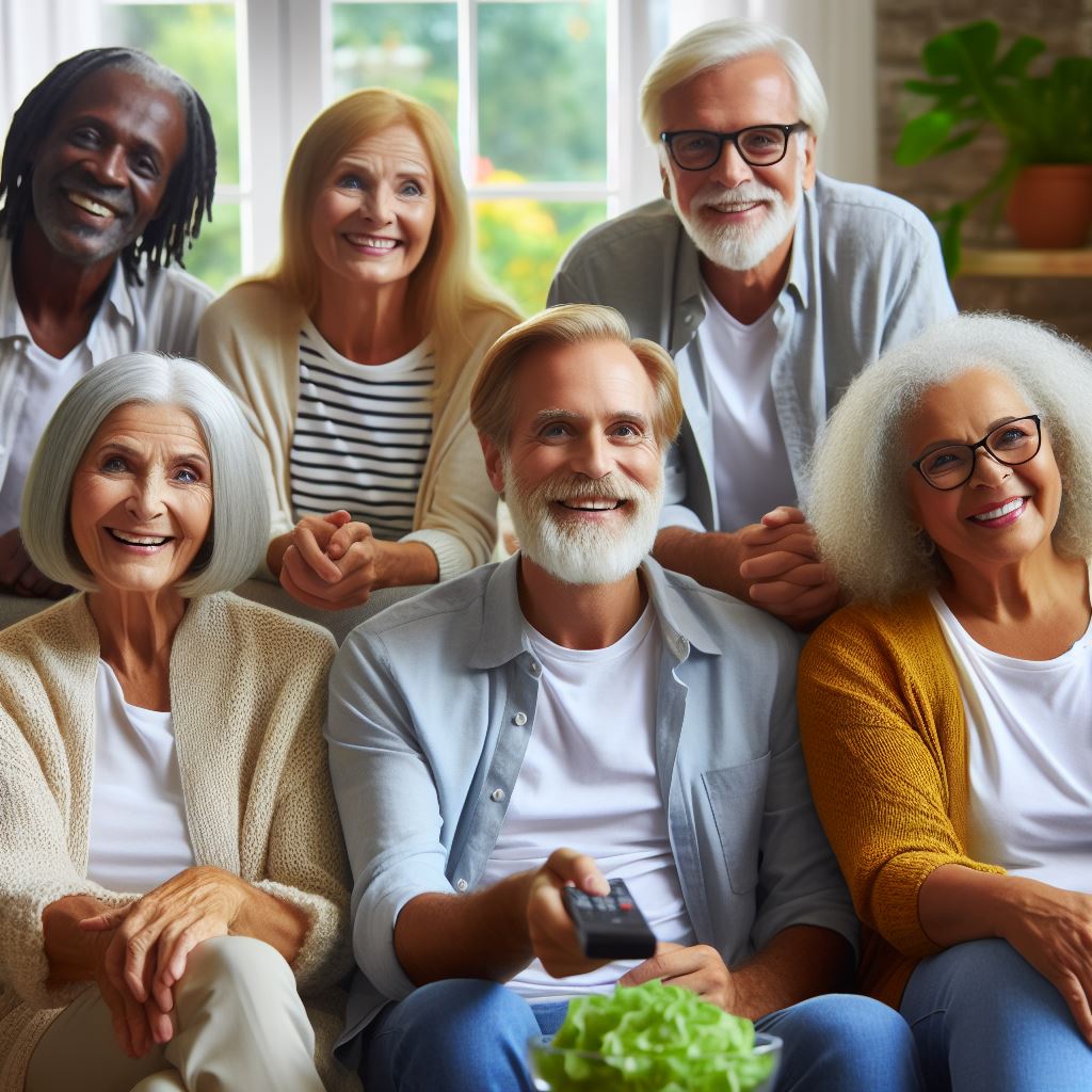 a diverse group of senior citizens appearing to be enjoying television.