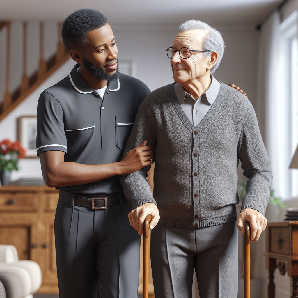 A realistic picture of a black caretaker assisting an elderly man walking inside his home.