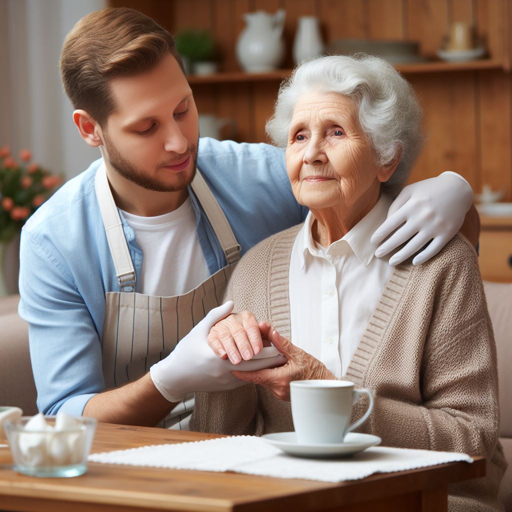 A picture of a caretaker assisting an elderly woman in her home.