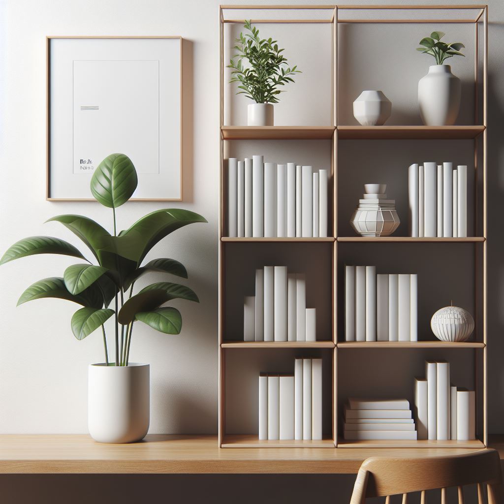 picture of a bookshelf with a plant minimalist style