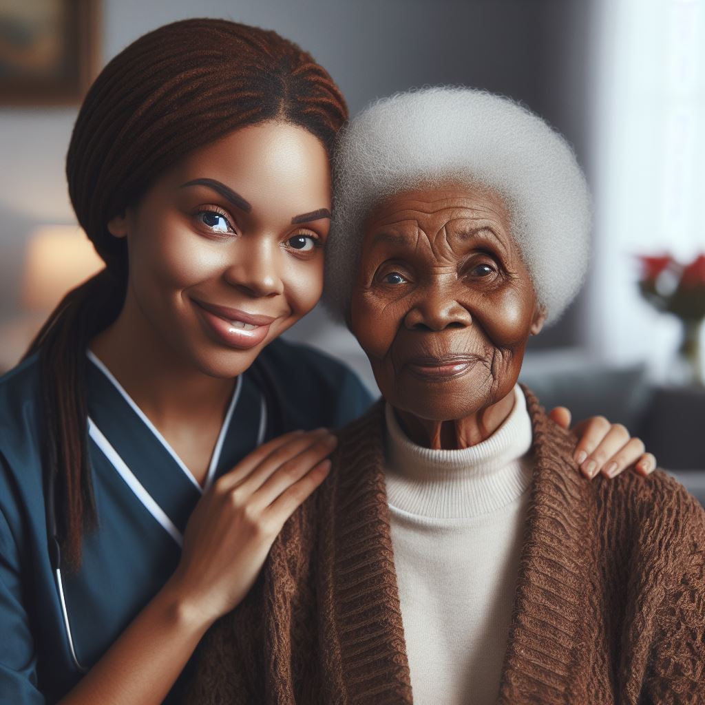 A picture of a senior woman and her caregiver. Both are African American.